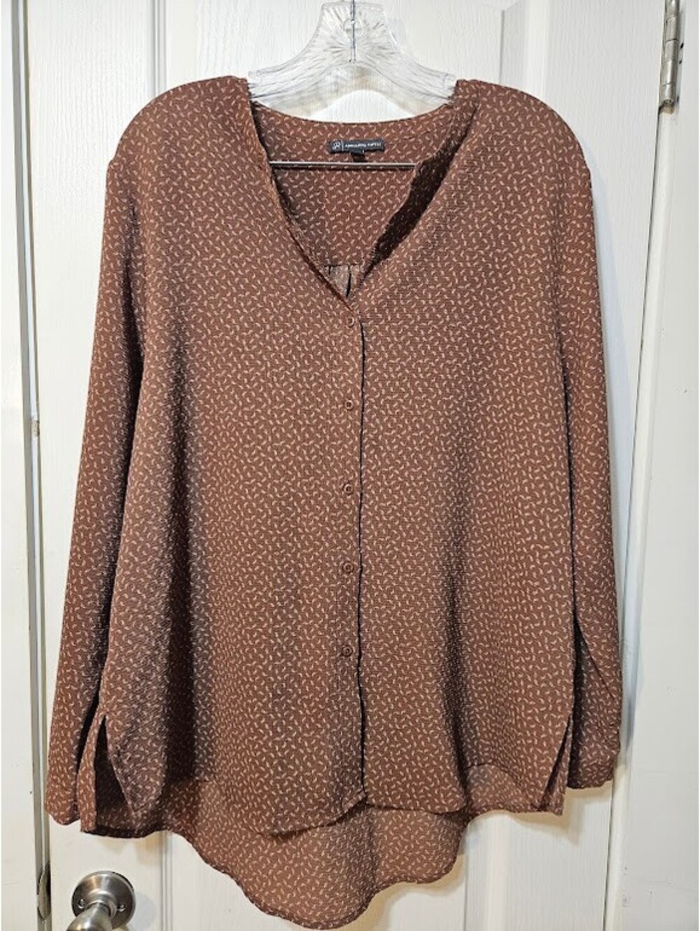 Adrianna Papell Button-Up Blouse Size XL Brown Fall Career Classic